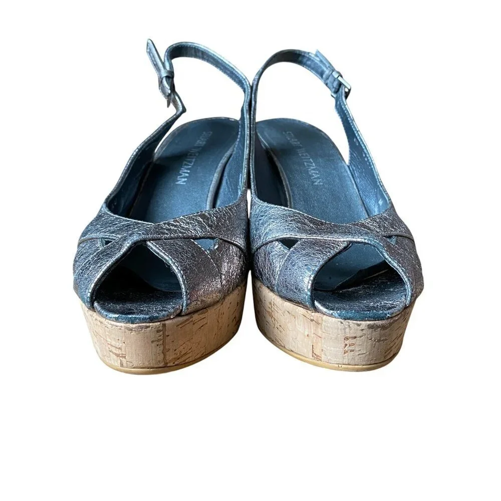 Stuart Weitzman - Silver Gray Metallic Slingback Cork Wedges Peep Toe - Size 8
